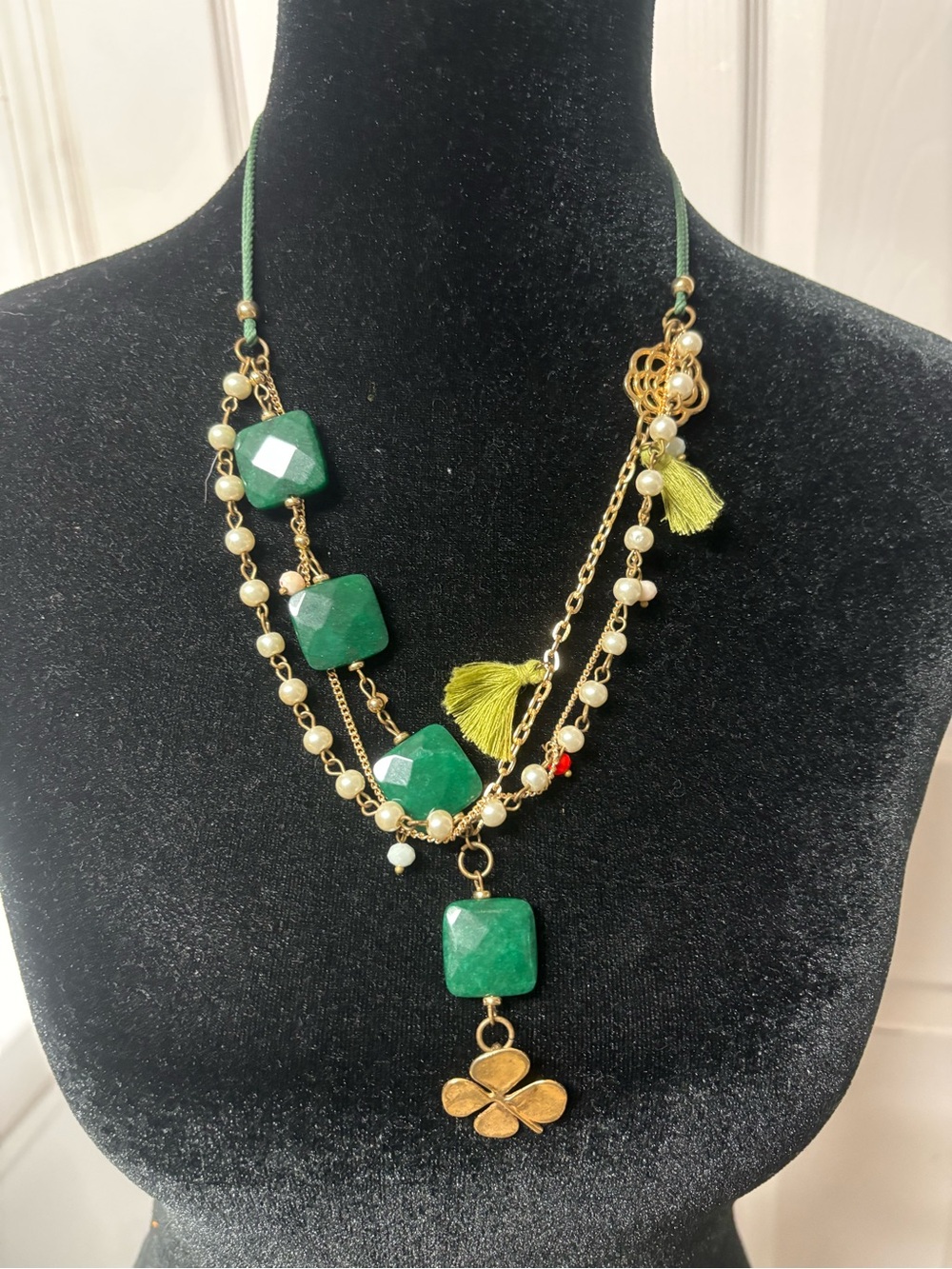 Layered Green Stone & Pearl Tassel Necklace - Unbranded